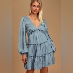 Lulu's Moonstruck Slate Blue Satin Tiered Long Sleeve Mini Dress Size S V-Back